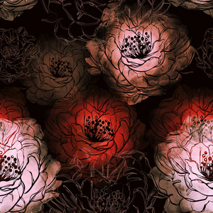 印多花瓣牡丹混合重复无缝图案。数码手绘图片与水彩纹理。混合媒体