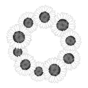 向日葵花圈轮廓被隔绝在白色背景。矢量插图
