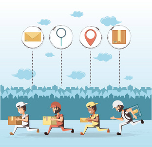 集的邮递员邮递员在蓝色制服与红色的包,拿着字母的卡通人物,表达传递