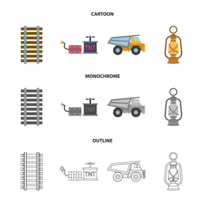 Ryllsy, vzryvchatka, 翻车机, 灯笼。矿山集合图标在卡通, 轮廓, 单色风格矢量符号股票插画网站