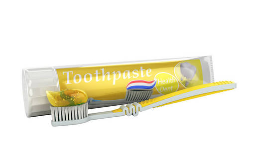 牙膏牙膏管设计的现代概念牙刷3d 渲染白色无阴影