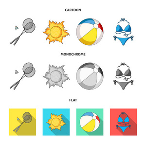 一个羽毛球, 一个球和一个太阳的游戏。暑假集合图标在卡通, 平, 单色风格矢量符号股票插画网站