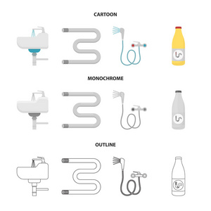 洗脸盆加热毛巾烘干机搅拌机淋浴器等设备。水暖套装集合图标卡通, 轮廓, 单色风格矢量符号股票插画网站