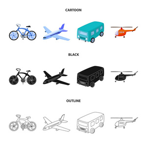 自行车, 飞机, 公交车, 直升机类型的运输。传输集集合图标在卡通, 黑色, 轮廓样式矢量符号股票插画网站