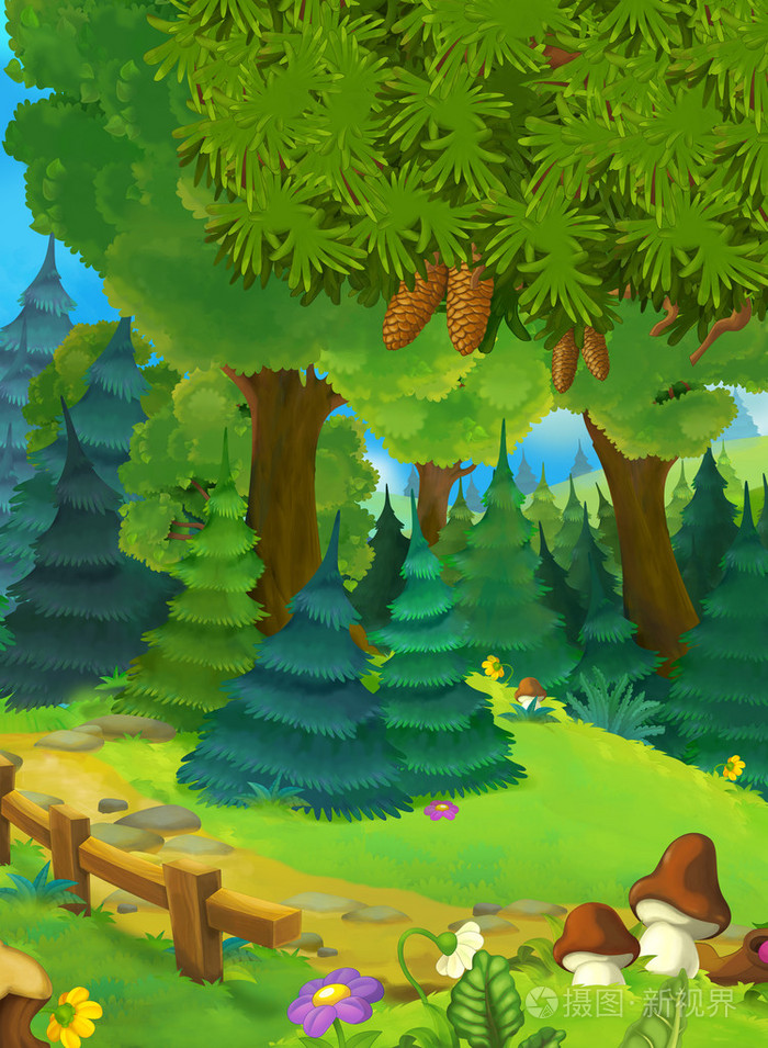 卡通背景的森林,没有人在舞台-上好不同的童话故事-儿童插画