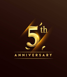 5周年纪念发光的标识与五彩纸屑金色的黑色背景, 贺卡和邀请卡的矢量设计