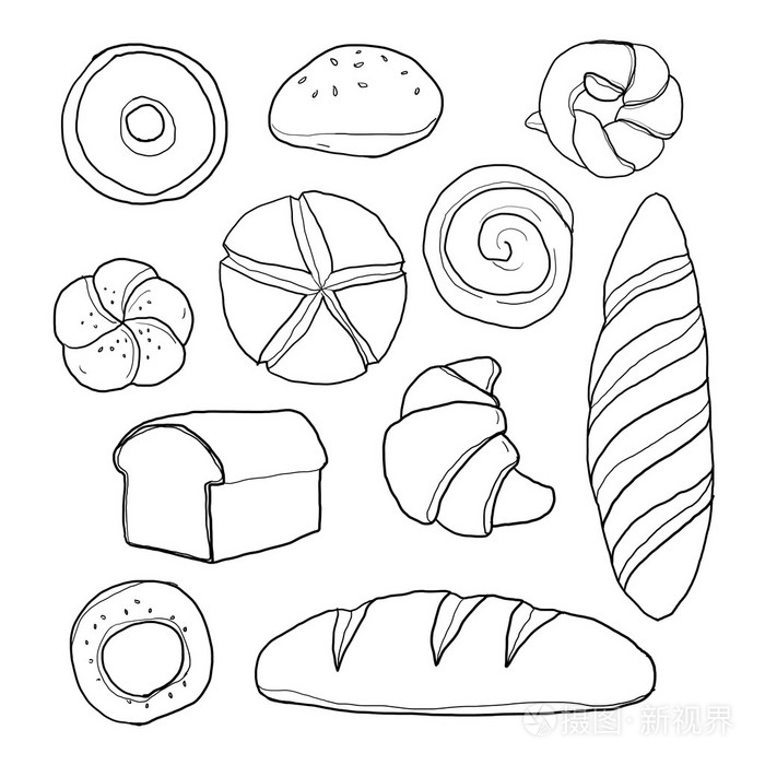 面包手绘线条艺术绘画插图的集
