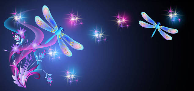 霓虹蜻蜓和鲜花点缀着闪亮的烟雾和星星