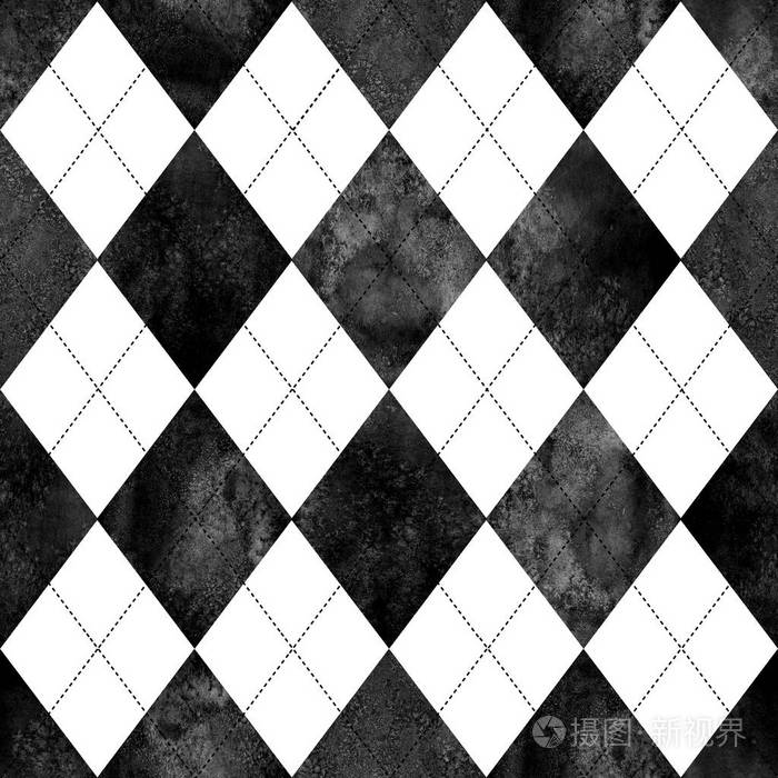 照片 水彩黑色和白色的亚皆格无缝格子图案.水彩手绘纹理背景.