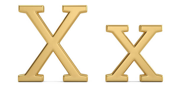 白色背景下的金金属 x 字母表3d 插图