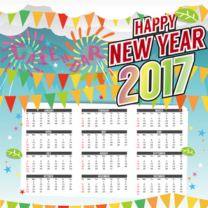 快乐新的一年 2017年打印日历开始周日矢量图