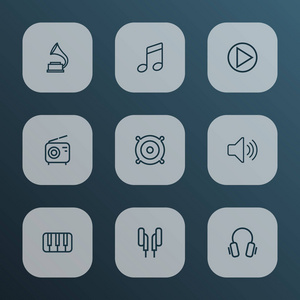 音频图标线风格设置与笔记, 耳机, 播放和其他旋律元素。独立矢量插图音频图标