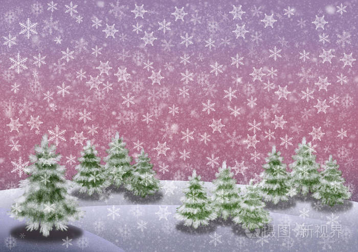 雪 winterlandscape 与冷杉树一个粉红色的天空和雪花片水平图像圣诞或新年问候