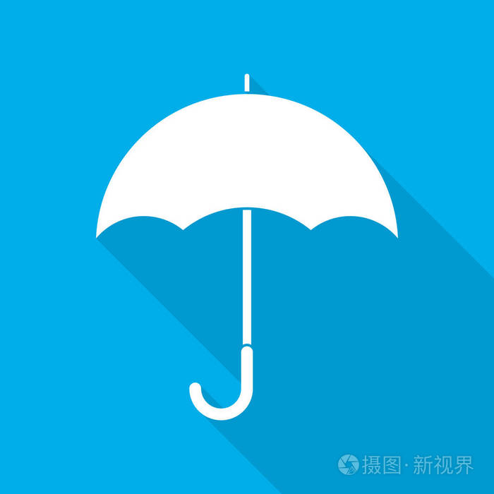 蓝色背景上有长阴影的白色雨伞图标。矢量插图。平面伞图标
