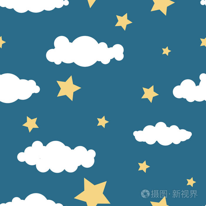 插画 在深蓝色的天空上的星星和云彩的无缝模式.儿童图画.平面样式.