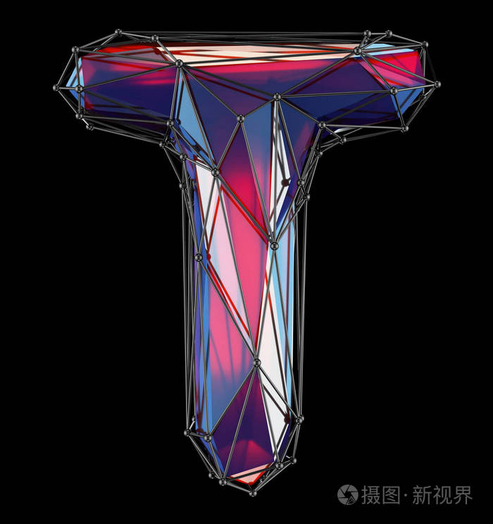 大写拉丁文字母 t 在低聚样式红色颜色被隔绝在黑色背景上