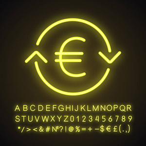 欧元交换霓虹灯图标。退款。带有字母数字和符号的发光符号。矢量隔离插图