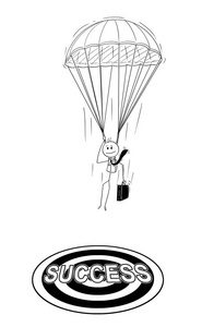 跳伞的卡通商人以降落伞登陆成功目标