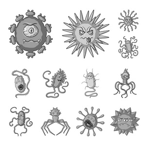 类型的有趣的微生物单色图标集集合中的设计。微生物病原体载体标志物网插图