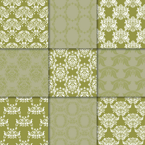 橄榄绿色花卉装饰品。纸纺织品无缝图案的收集