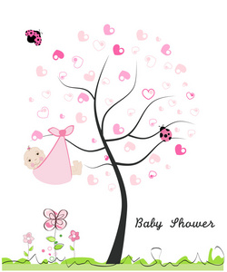 婴儿淋浴贺卡。由心树。涂鸦花朵，宝贝，瓢虫矢量图