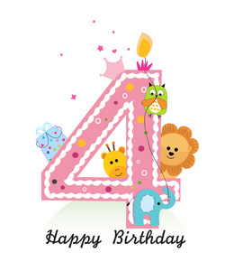 宝贝女孩贺卡与童话矢量背景卡通四岁生日四岁生日快乐小男孩贺卡矢量