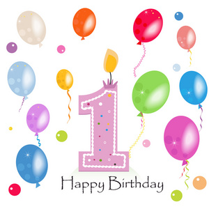 快乐的第一个生日蜡烛矢量与彩色纸屑和气球矢量图。生日快乐贺卡