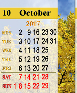 对与黄色的树叶 10 月 2017 年日历