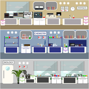 实验室矢量插图。 科学实验室内部。 生物学p