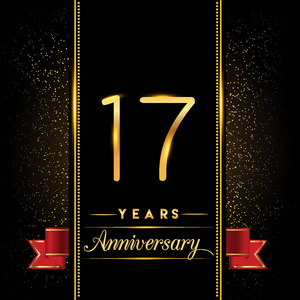 17年周年纪念庆祝标识。周年纪念标志与五彩纸屑金黄色和红色丝带被隔绝在黑色背景上, 贺卡和邀请卡的矢量设计