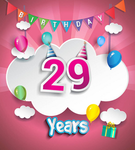 29年生日贺卡和海报设计, 带礼品盒, 气球.周年庆典设计模板照片