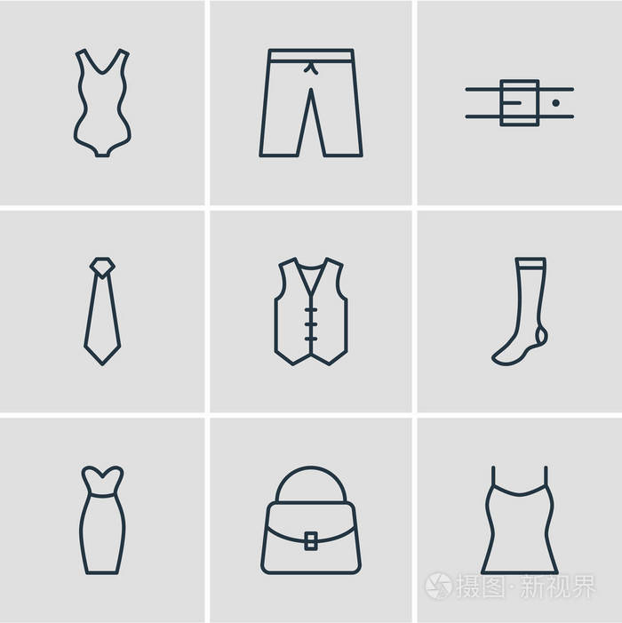 矢量插图9件衣服图标线样式.