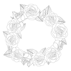玫瑰花花圈轮廓。在白色背景下被隔离。矢量插图