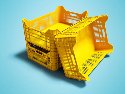 现代黄色三塑料盒空为出售的物品储存3d 渲染蓝色背景与阴影