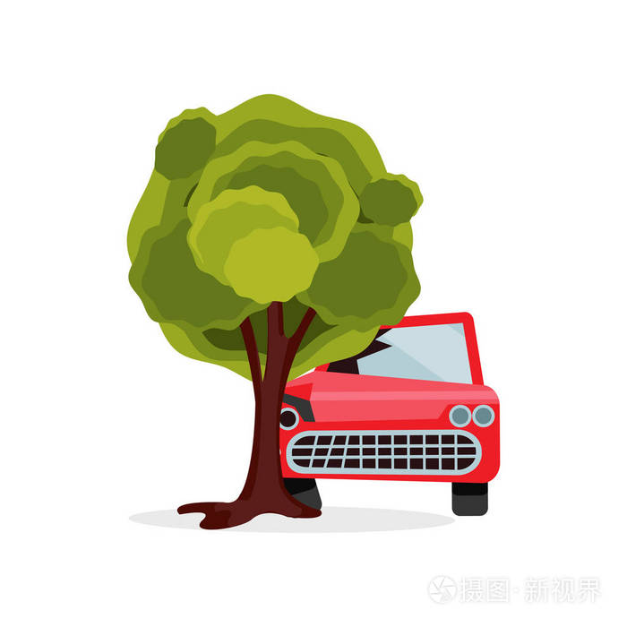 一辆红色客车撞上了一棵大树.汽车与破碎的挡风玻璃和车灯.交通事故.