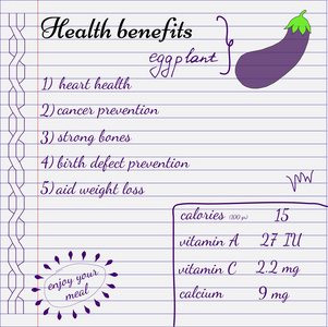 茄子有益健康。营养成分。手工绘制的健康益处