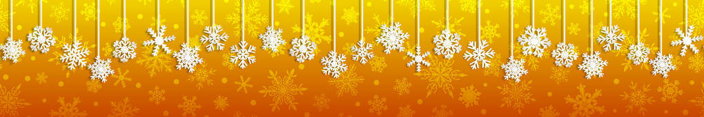 圣诞无缝横幅白色挂雪花与阴影黄色背景