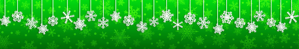 圣诞无缝横幅白色挂雪花与阴影绿色背景