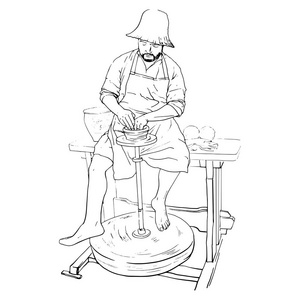 手工粘土专业的男性国家陶艺家陶匠机械车轮粘土插画