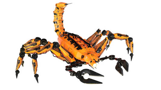 橙色机械机器人蝎子被隔离在白色背景上