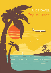 飞机飞行在热带天堂。矢量夏天太阳海报