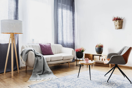 毯子和枕头在沙发旁边的一个木灯在舒适的扁平内饰与 heathers 和灰色扶手椅