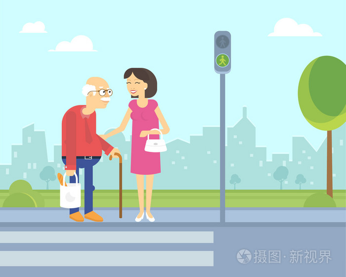 微笑的女人照顾的老人,帮他过马路