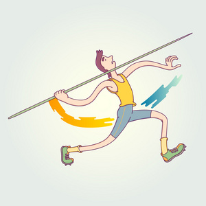 年轻的田径运动员投掷标枪. 矢量图d照片