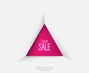 三角形几何超级销售模板横幅与粉红色的颜色在白色的背景上折扣高达 50, 矢量插画 design,eps10