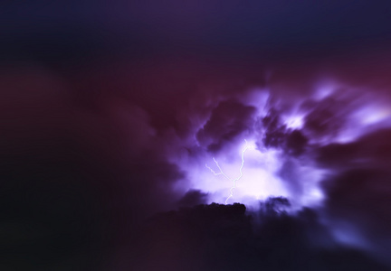 水平生动的充满活力的紫色闪电风暴云景背
