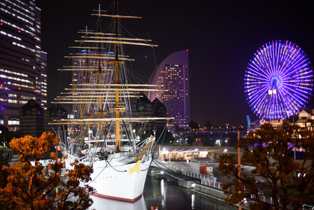 横滨港区未来街区，横滨，日本在夜间的全景视图