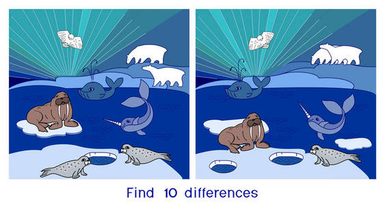 找到十不同点。与极地动物的北方景观儿童游戏
