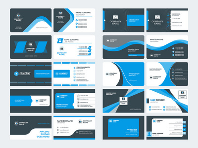 现代创意名片模板集。蓝色和黑色的颜色。平面样式矢量图。文具设计
