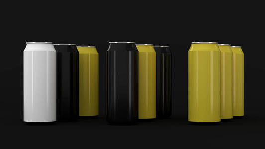 黑色背景的黑色白色和黄色汽水罐的原料。饮料样机。锡包啤酒或饮料。3d 渲染插图